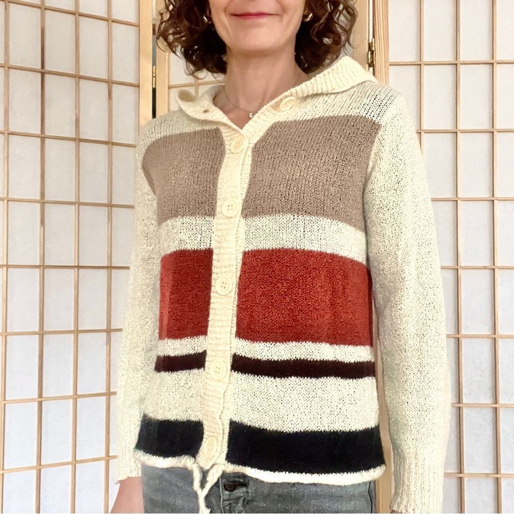 70s Striped Hooded Cardigan Sweater Small / Medium Cream Burgundy Brown